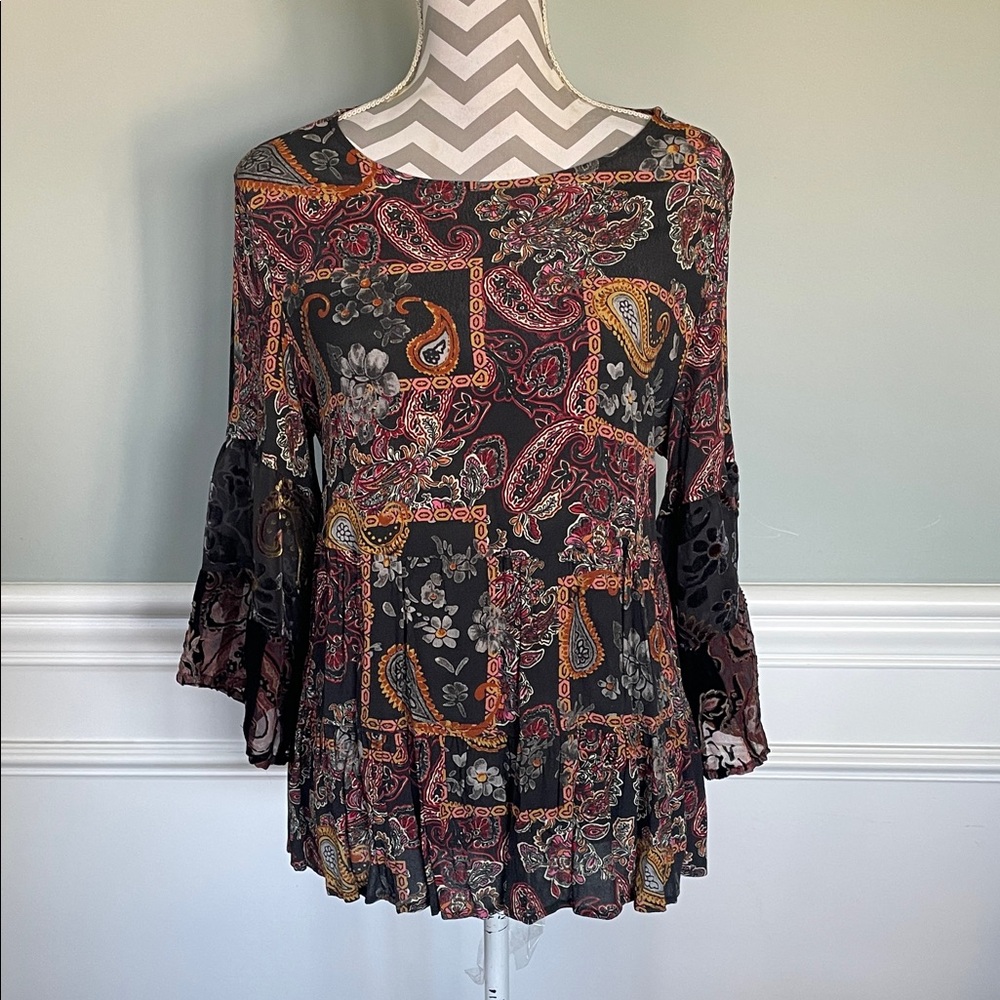 JOHN MARK Boho Paisley Tiered Peasant Blouse - Black with Rust & Mustard Size L - Picture 2 of 7